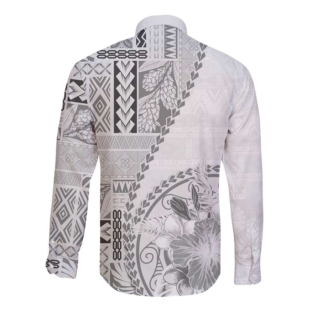 Samoa Siapo Elegant Long Sleeve Button Shirt Hibiscus White Motifs LT05 - Polynesian Pride