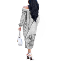 Samoa Siapo Elegant Off The Shoulder Long Sleeve Dress Hibiscus White Motifs - Polynesian Pride