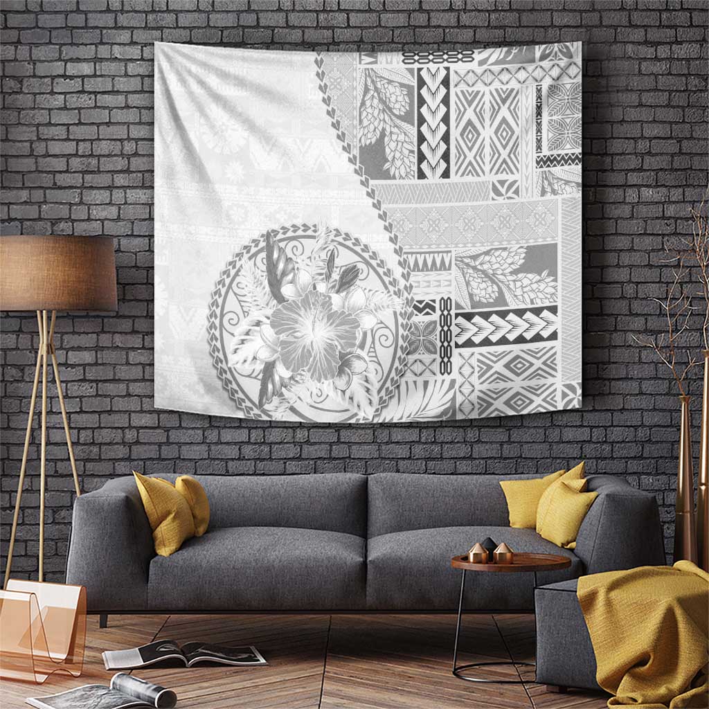Samoa Siapo Elegant Tapestry Hibiscus White Motifs - Polynesian Pride