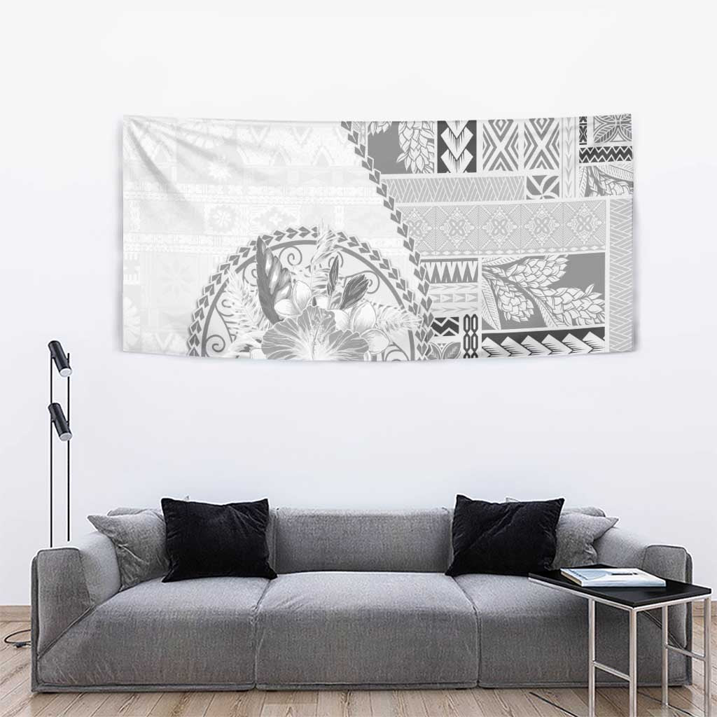 Samoa Siapo Elegant Tapestry Hibiscus White Motifs - Polynesian Pride