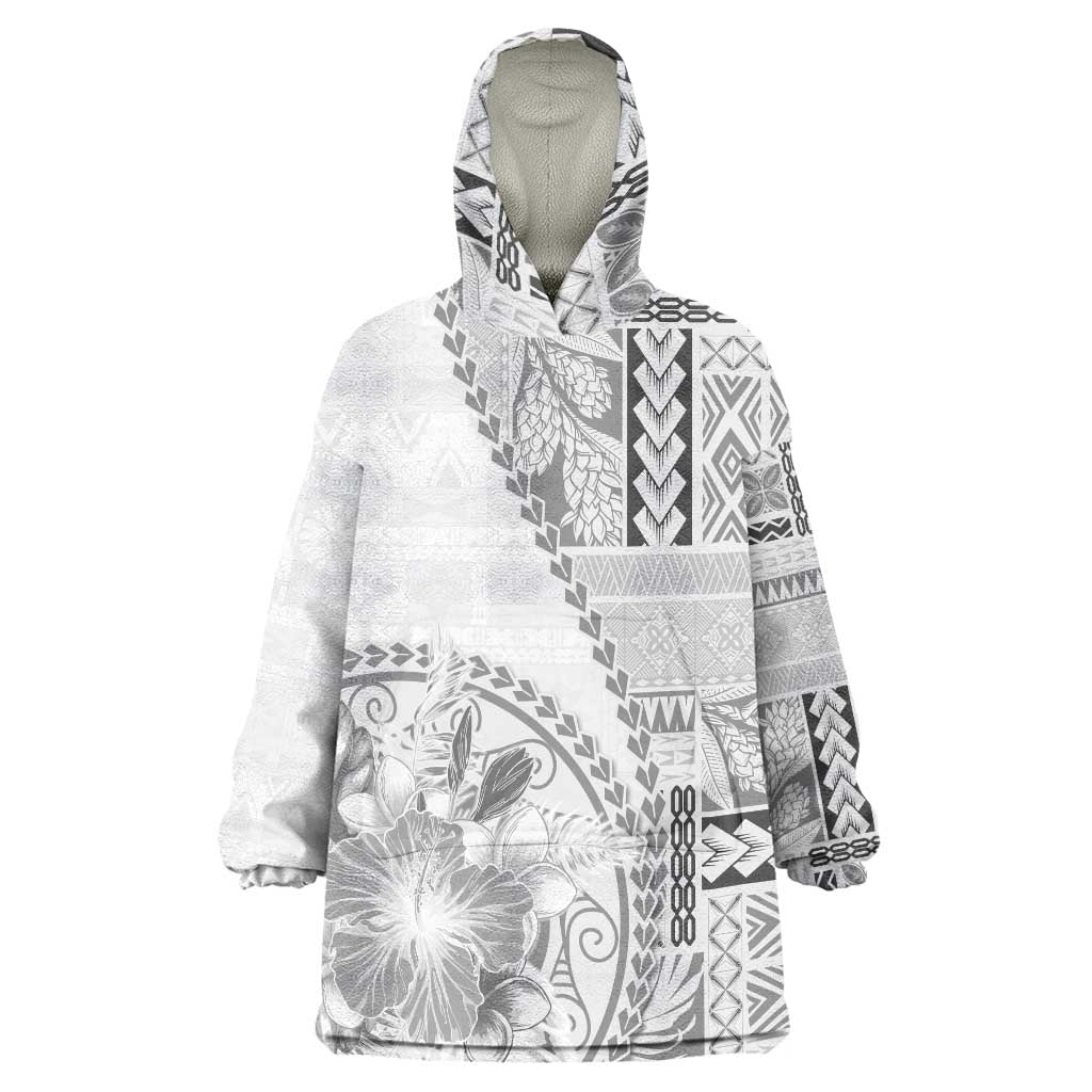 Samoa Siapo Elegant Wearable Blanket Hoodie Hibiscus White Motifs LT05 One Size White - Polynesian Pride