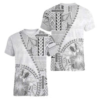 Samoa Siapo Elegant Women V-Neck T-Shirt Hibiscus White Motifs - Polynesian Pride