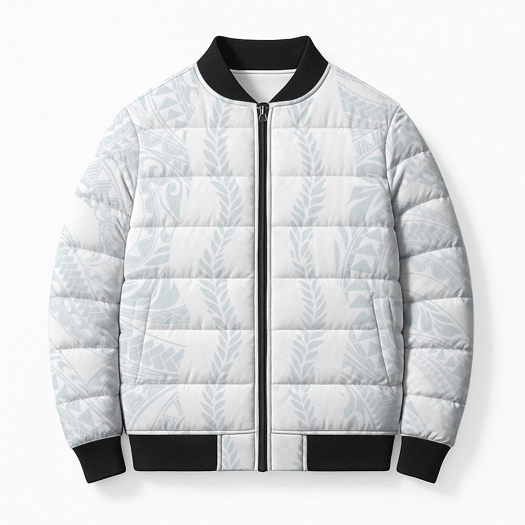 Samoa Lotu Tamaiti Bomber Puffer Jacket Teuila With Tribal Motifs LT05 Unisex White - Polynesian Pride