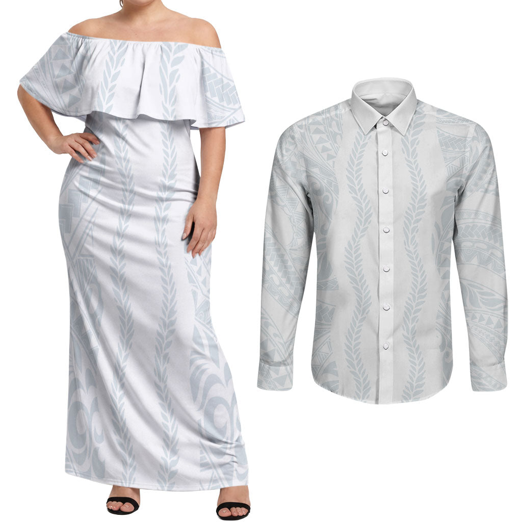 Samoa Lotu Tamaiti Couples Matching Off Shoulder Maxi Dress and Long Sleeve Button Shirt Teuila With Tribal Motifs LT05 White - Polynesian Pride