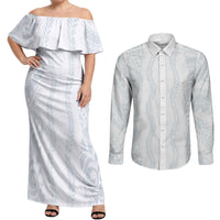 Samoa Lotu Tamaiti Couples Matching Off Shoulder Maxi Dress and Long Sleeve Button Shirt Teuila With Tribal Motifs LT05 White - Polynesian Pride