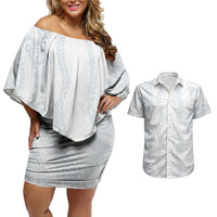 Samoa Lotu Tamaiti Couples Matching Off Shoulder Short Dress and Hawaiian Shirt Teuila With Tribal Motifs LT05 White - Polynesian Pride
