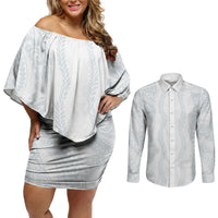 Samoa Lotu Tamaiti Couples Matching Off Shoulder Short Dress and Long Sleeve Button Shirt Teuila With Tribal Motifs LT05 White - Polynesian Pride