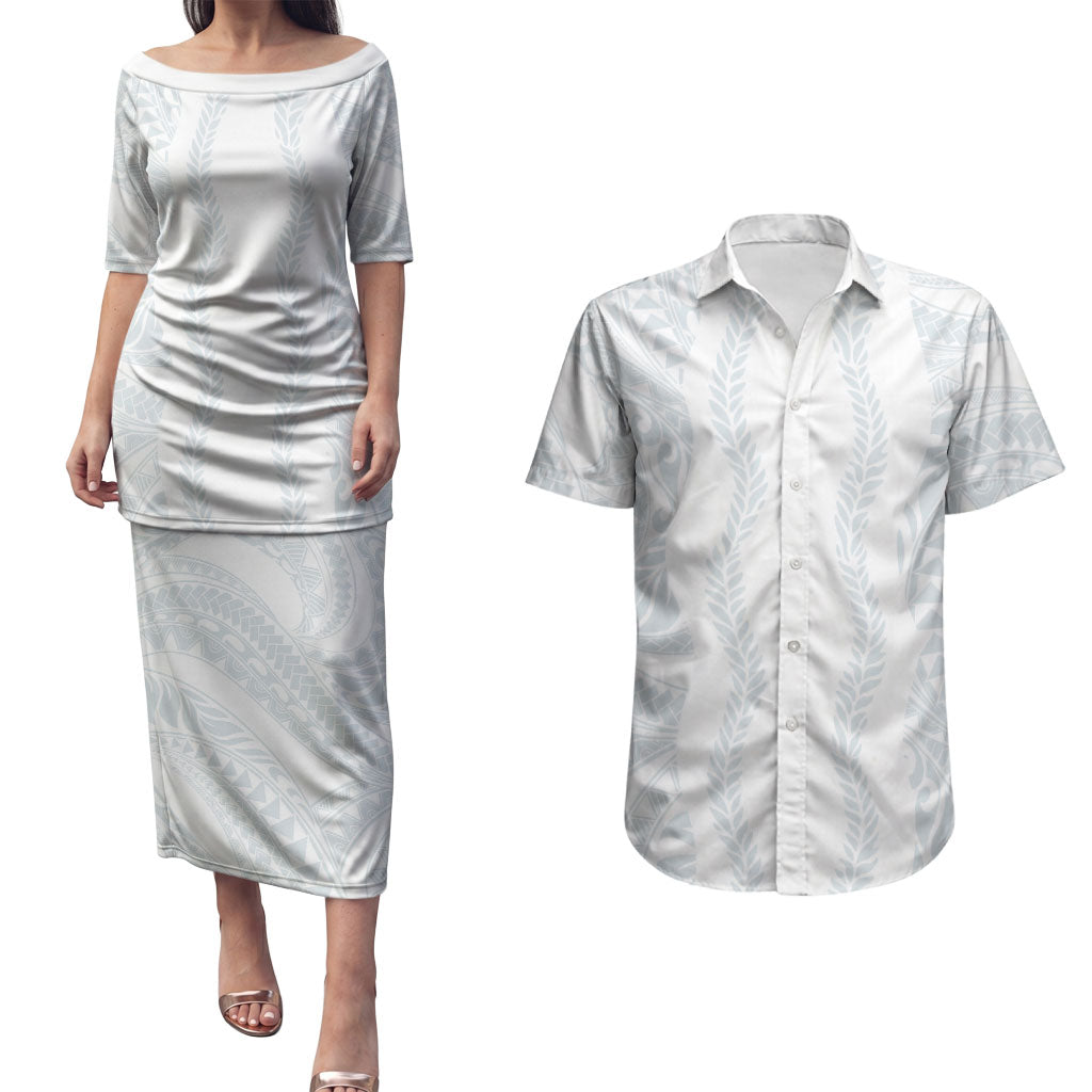 Samoa Lotu Tamaiti Couples Matching Puletasi and Hawaiian Shirt Teuila With Tribal Motifs LT05 White - Polynesian Pride