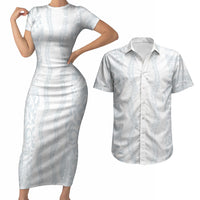 Samoa Lotu Tamaiti Couples Matching Short Sleeve Bodycon Dress and Hawaiian Shirt Teuila With Tribal Motifs LT05 White - Polynesian Pride