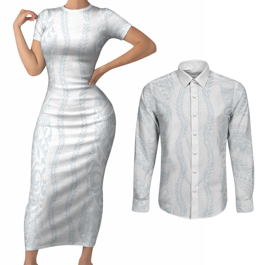 Samoa Lotu Tamaiti Couples Matching Short Sleeve Bodycon Dress and Long Sleeve Button Shirt Teuila With Tribal Motifs LT05 White - Polynesian Pride