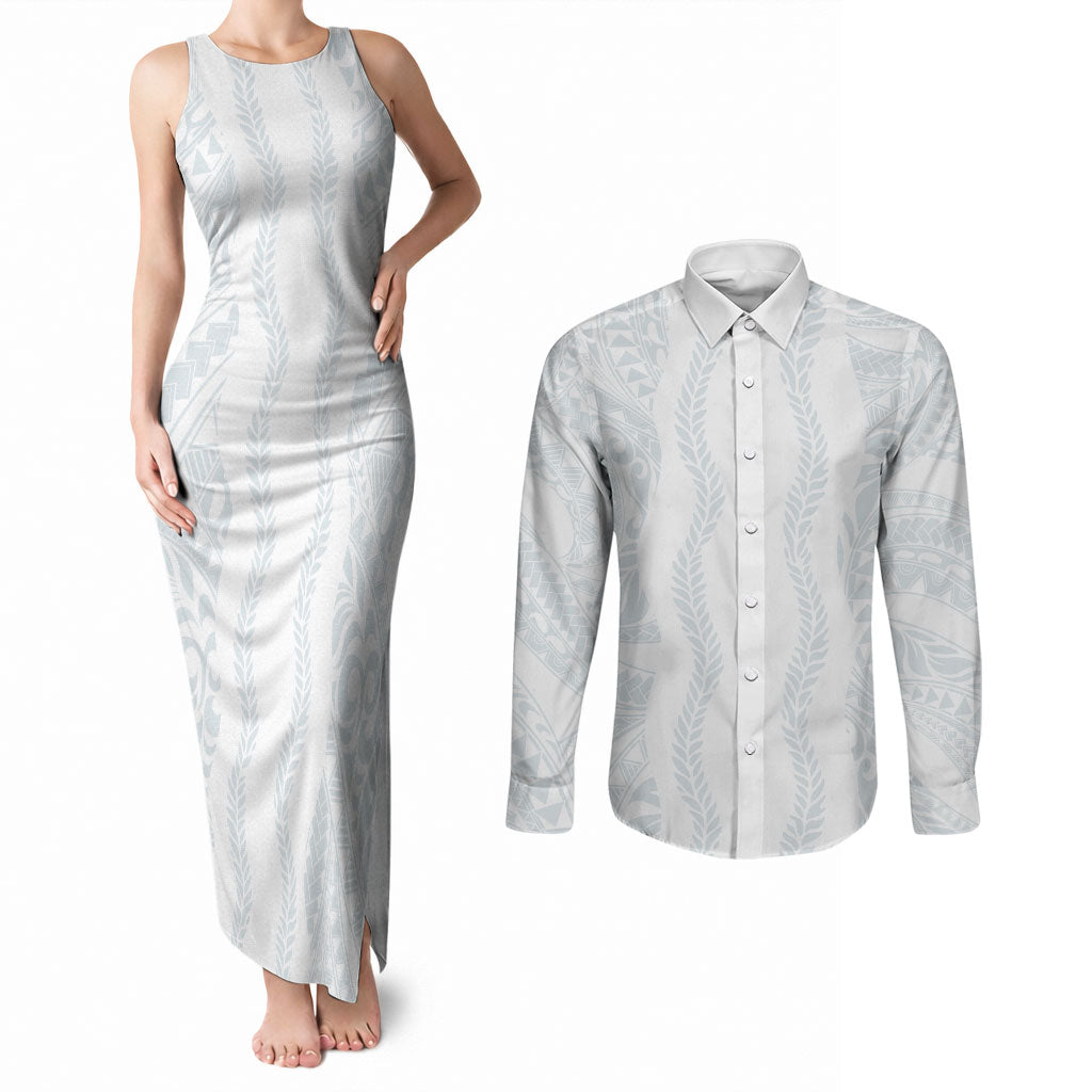 Samoa Lotu Tamaiti Couples Matching Tank Maxi Dress and Long Sleeve Button Shirt Teuila With Tribal Motifs LT05 White - Polynesian Pride