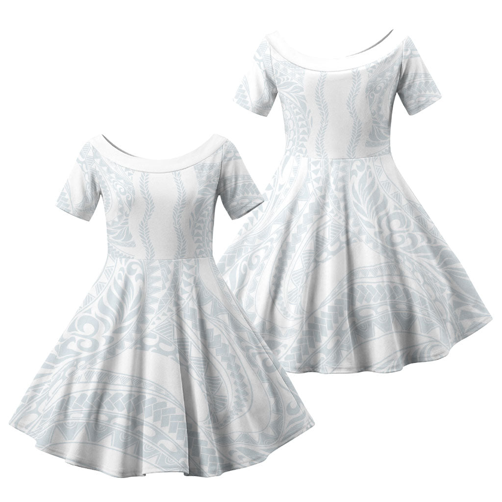 Samoa Lotu Tamaiti Family Matching Mermaid Dress and Hawaiian Shirt Teuila With Tribal Motifs LT05 Daughter's Dress White - Polynesian Pride
