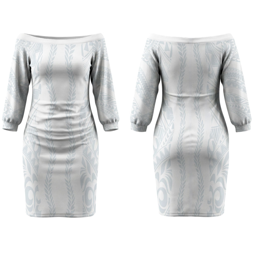 Samoa Lotu Tamaiti Family Matching Off The Shoulder Long Sleeve Dress and Hawaiian Shirt Teuila With Tribal Motifs LT05 Mom's Dress White - Polynesian Pride