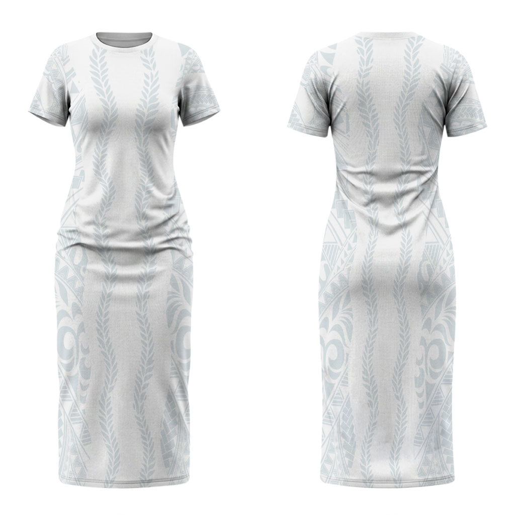 Samoa Lotu Tamaiti Family Matching Short Sleeve Bodycon Dress and Hawaiian Shirt Teuila With Tribal Motifs LT05 Mom's Dress White - Polynesian Pride