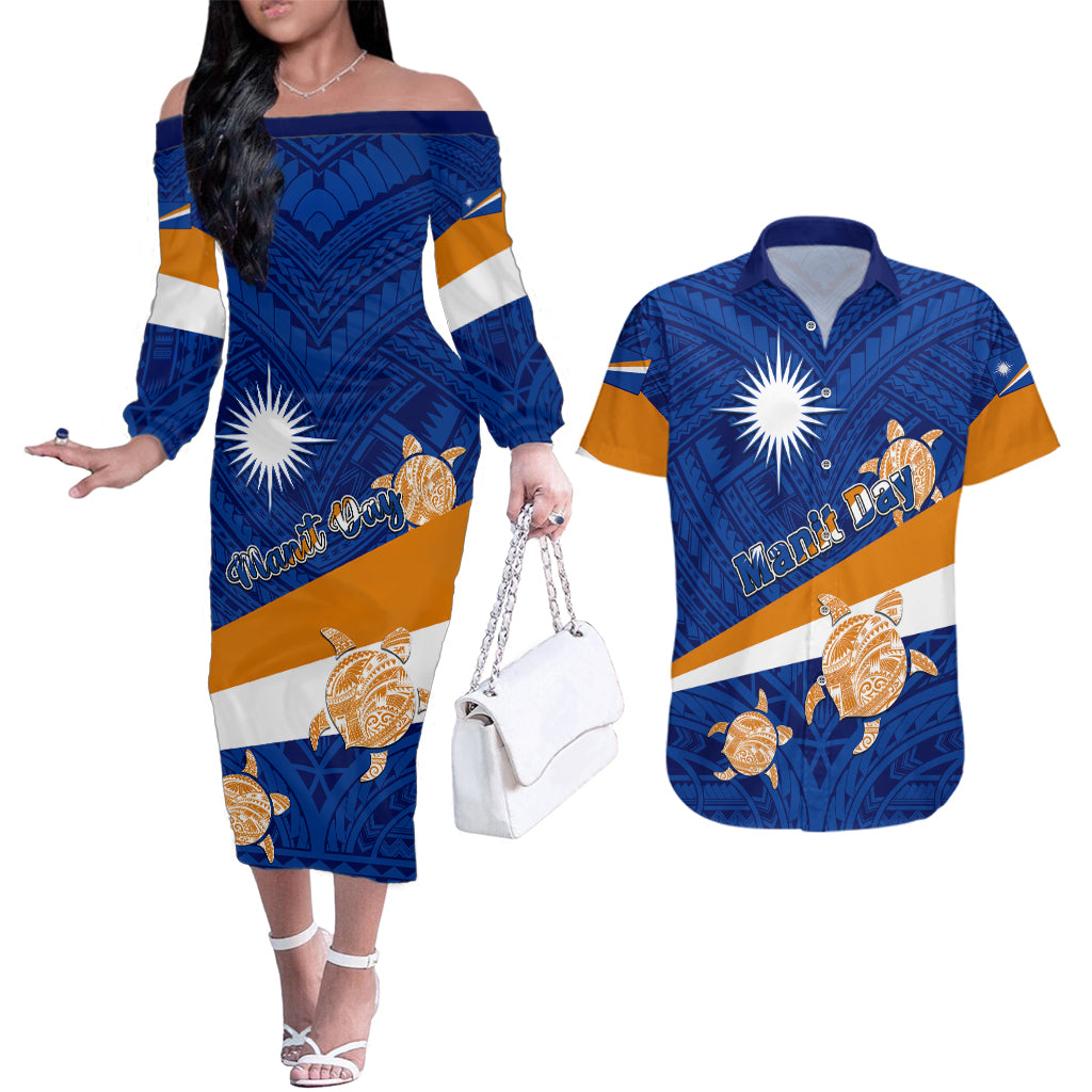 Personalized Marshall Islands Couples Matching Off The Shoulder Long Sleeve Dress and Hawaiian Shirt Manit Day Coat Of Arms With Polynesian Turtle LT05 Blue - Polynesian Pride