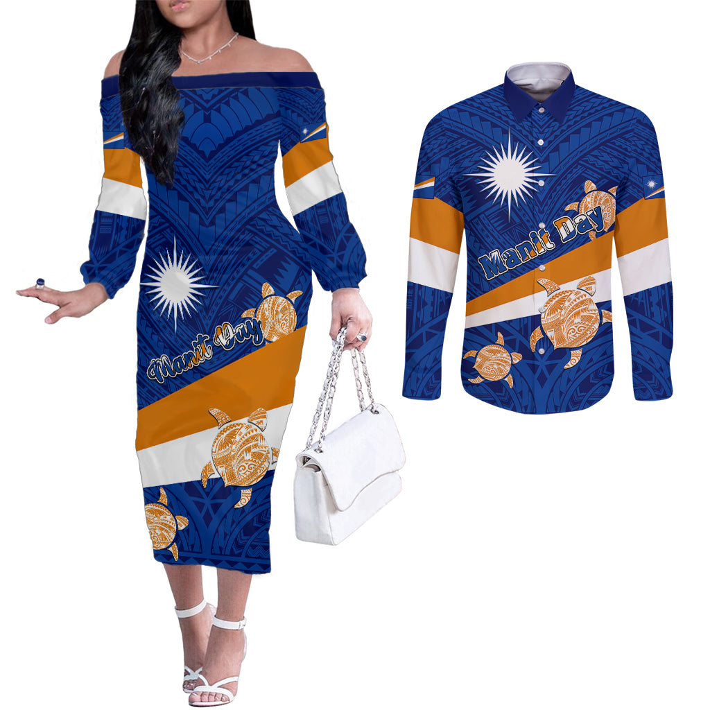 Personalized Marshall Islands Couples Matching Off The Shoulder Long Sleeve Dress and Long Sleeve Button Shirts Manit Day Coat Of Arms With Polynesian Turtle LT05 Blue - Polynesian Pride