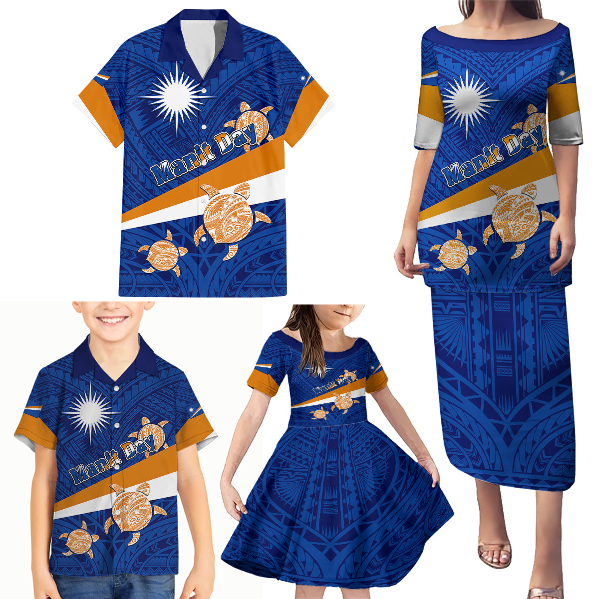 Personalized Marshall Islands Family Matching Puletasi Dress and Hawaiian Shirt Manit Day Coat Of Arms With Polynesian Turtle LT05 - Polynesian Pride