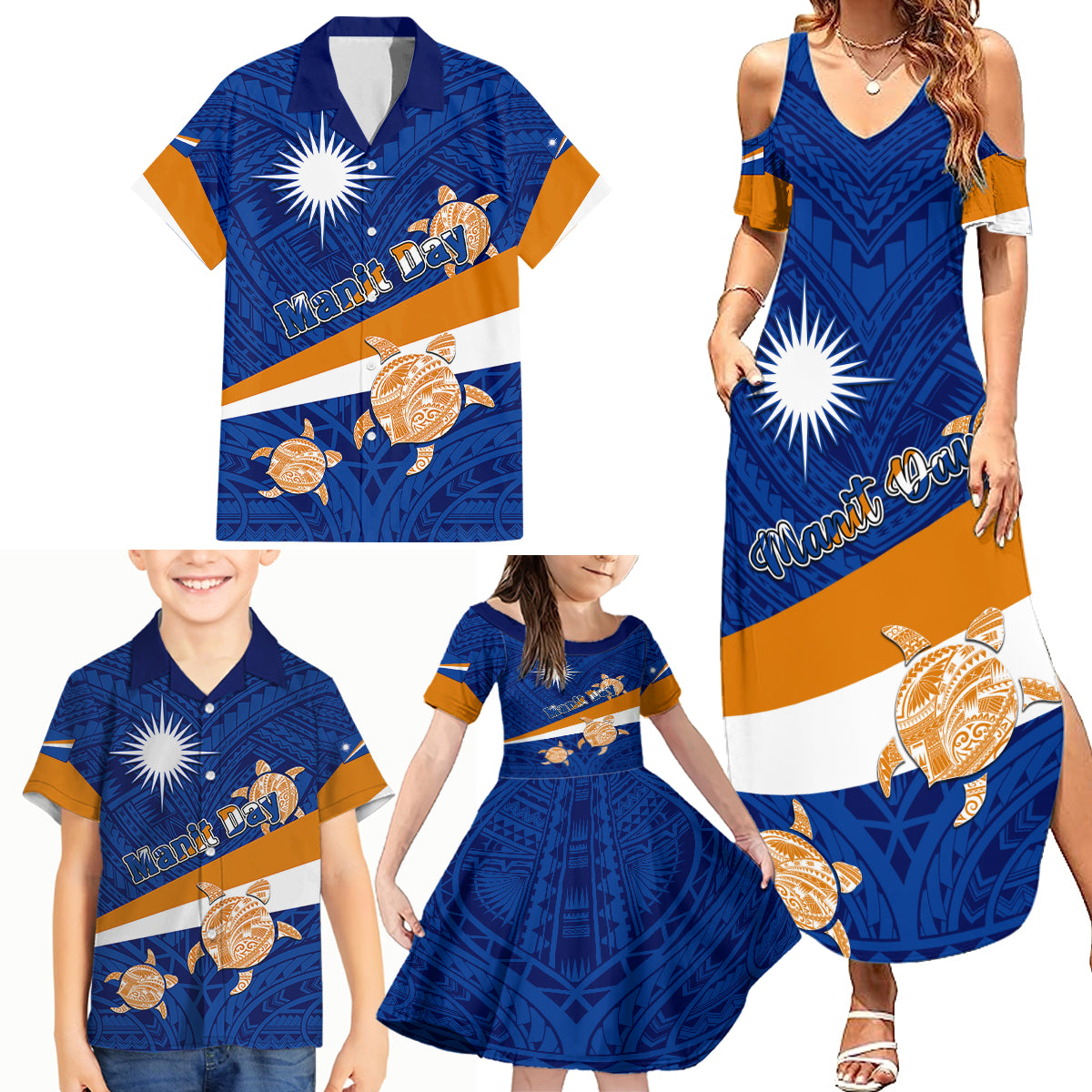 Personalized Marshall Islands Family Matching Summer Maxi Dress and Hawaiian Shirt Manit Day Coat Of Arms With Polynesian Turtle LT05 - Polynesian Pride