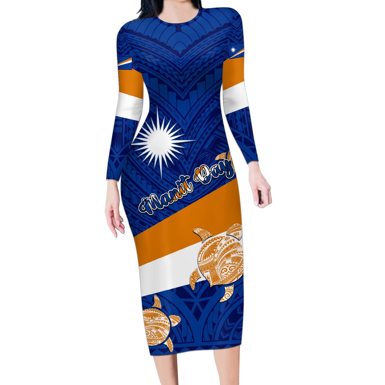 Personalized Marshall Islands Long Sleeve Bodycon Dress Manit Day Coat Of Arms With Polynesian Turtle LT05 Long Dress Blue - Polynesian Pride