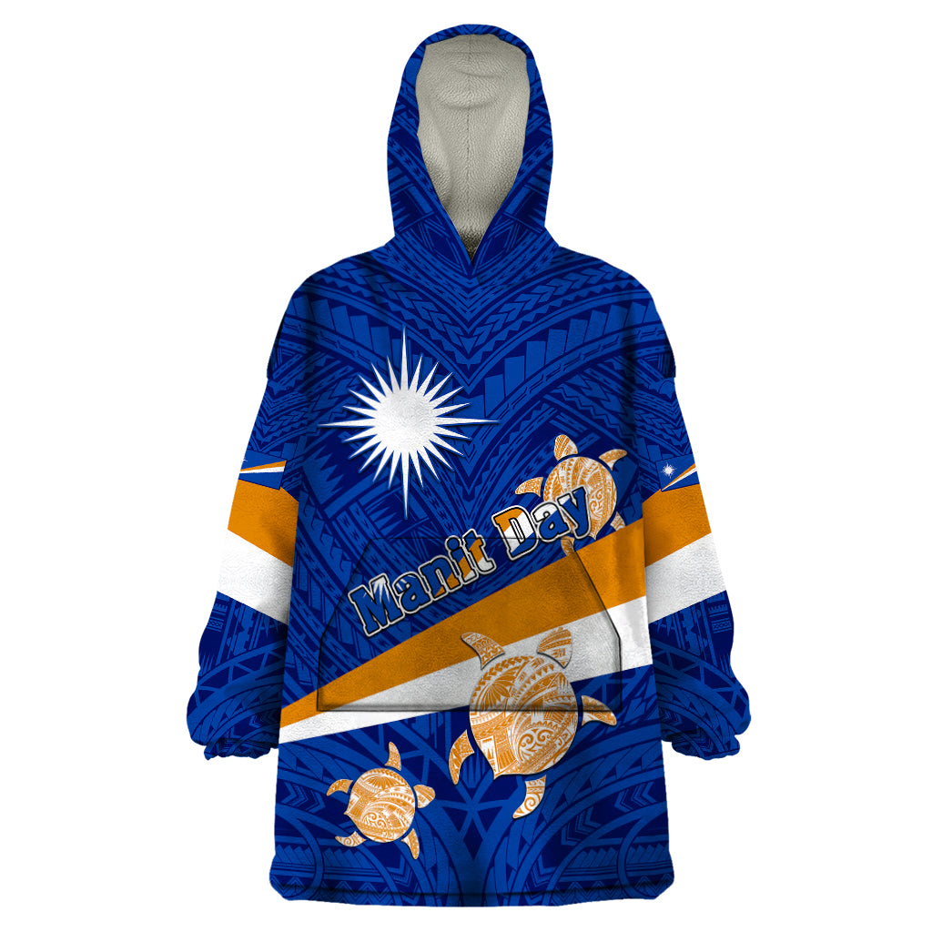 Personalized Marshall Islands Wearable Blanket Hoodie Manit Day Coat Of Arms With Polynesian Turtle LT05 One Size Blue - Polynesian Pride