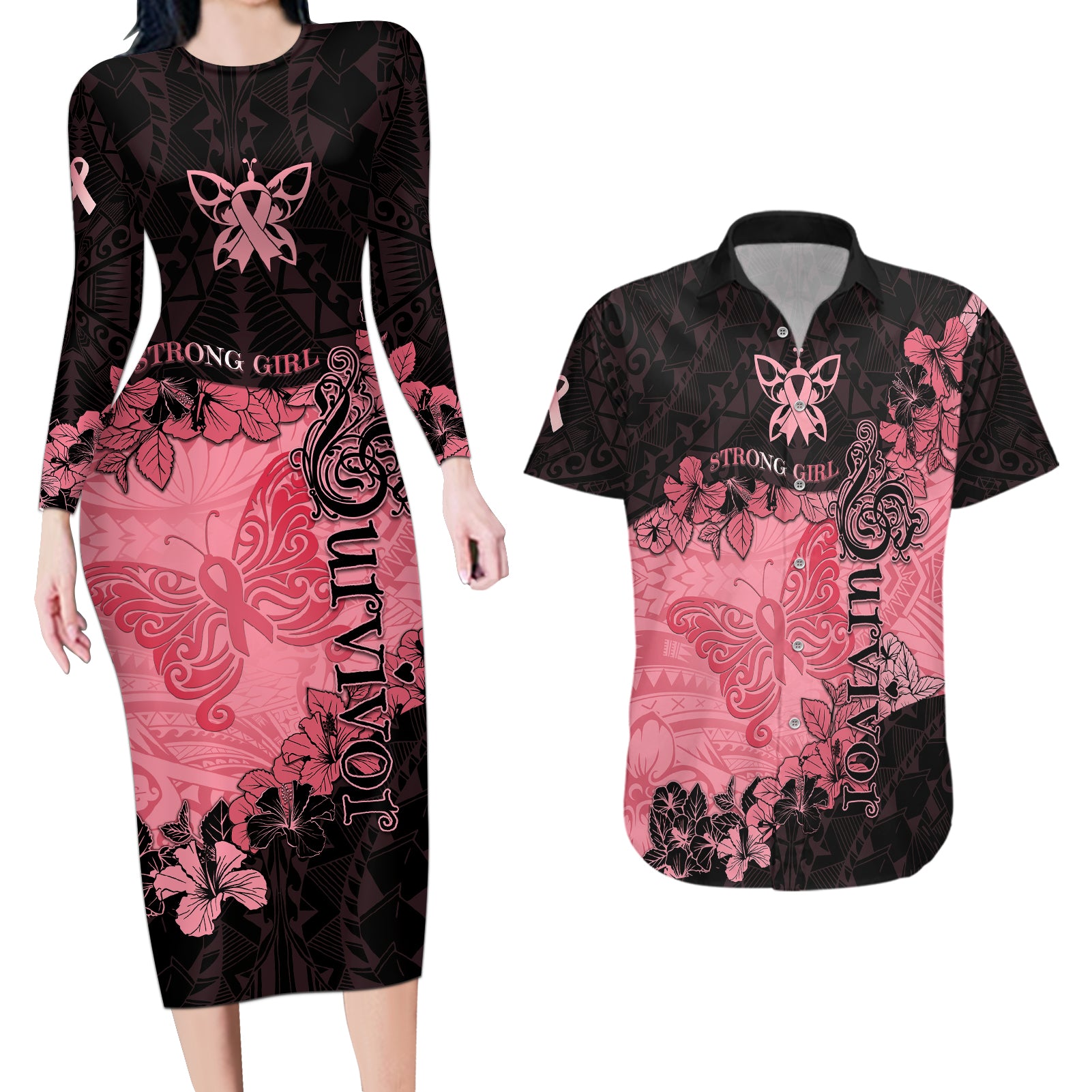 Breast Cancer Couples Matching Long Sleeve Bodycon Dress and Hawaiian Shirt Survivor Polynesian Ribbon Butterfly LT05 Pink - Polynesian Pride