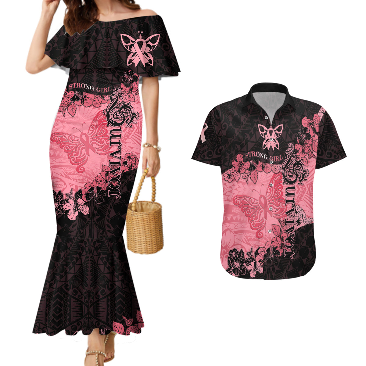 Breast Cancer Couples Matching Mermaid Dress and Hawaiian Shirt Survivor Polynesian Ribbon Butterfly LT05 Pink - Polynesian Pride