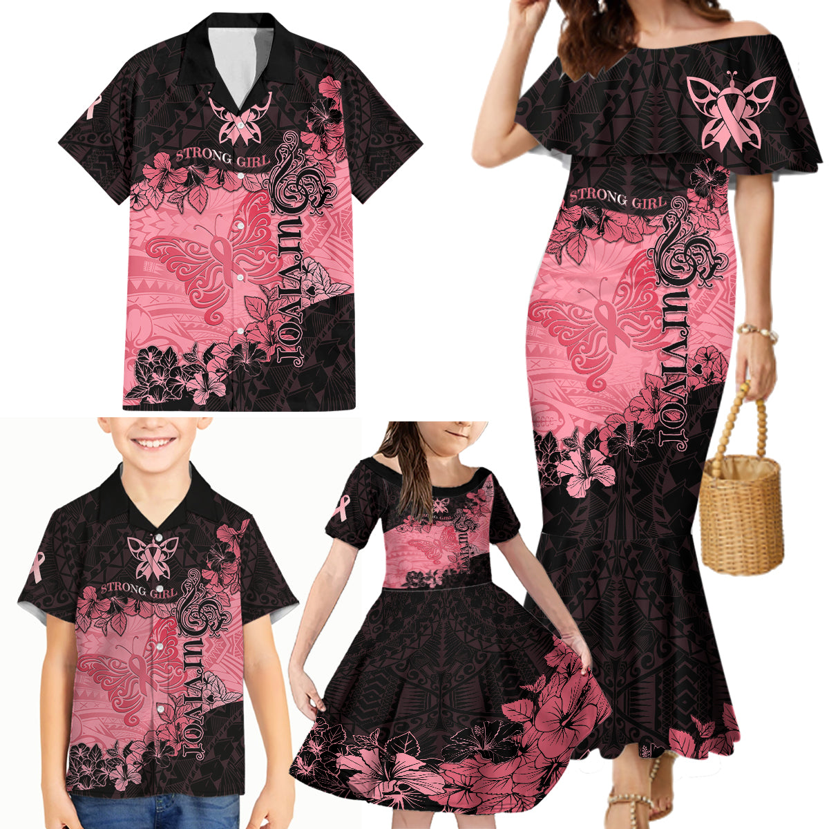 Breast Cancer Family Matching Mermaid Dress and Hawaiian Shirt Survivor Polynesian Ribbon Butterfly LT05 - Polynesian Pride