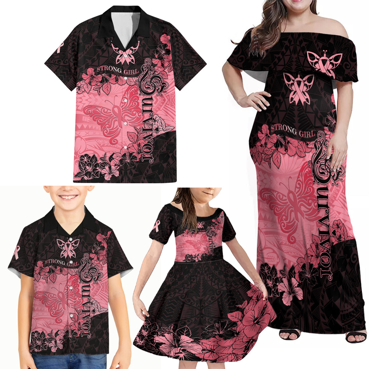 Breast Cancer Family Matching Off Shoulder Maxi Dress and Hawaiian Shirt Survivor Polynesian Ribbon Butterfly LT05 - Polynesian Pride