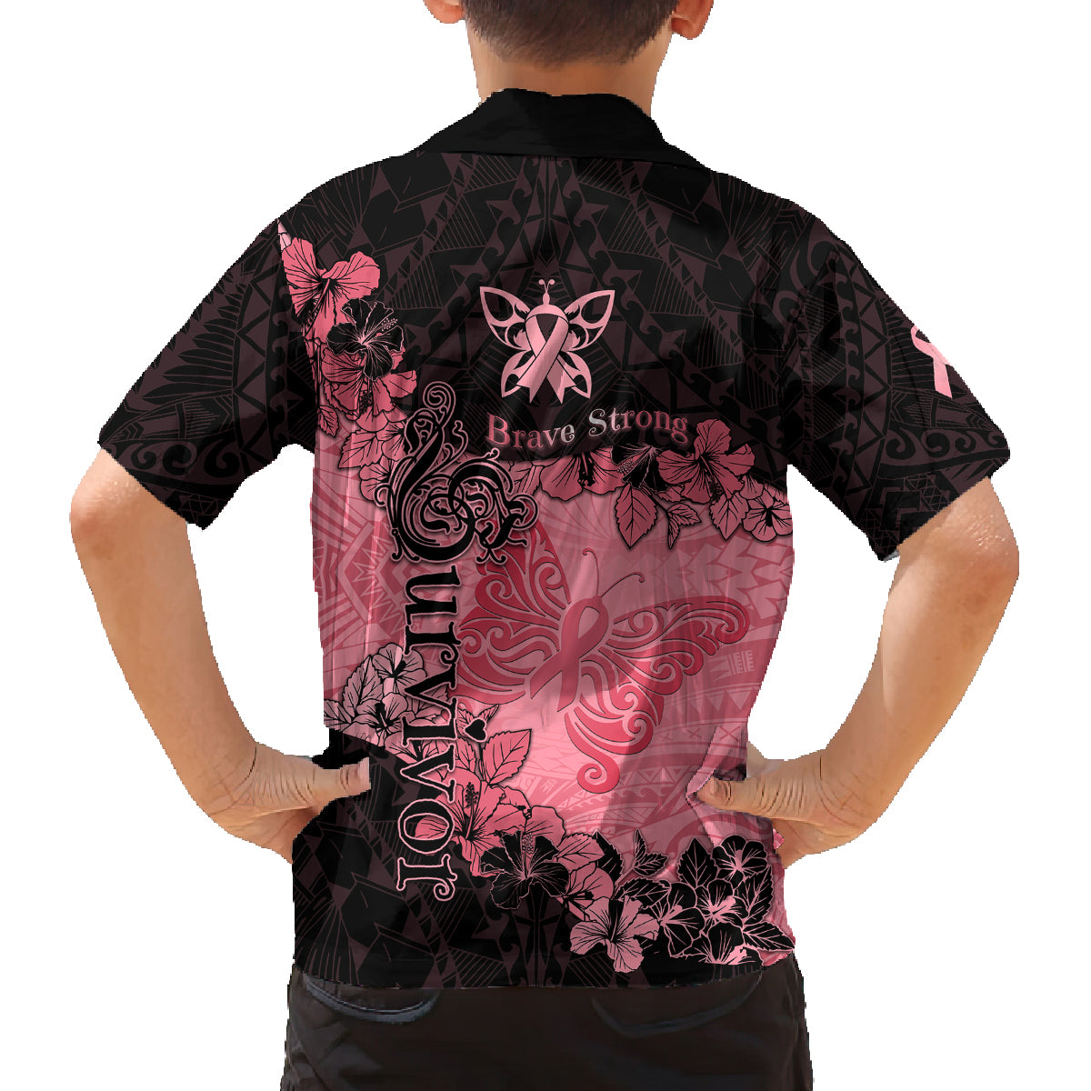 Breast Cancer Family Matching Puletasi Dress and Hawaiian Shirt Survivor Polynesian Ribbon Butterfly LT05 - Polynesian Pride