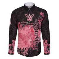 Breast Cancer Family Matching Puletasi Dress and Hawaiian Shirt Survivor Polynesian Ribbon Butterfly LT05 Dad's Shirt - Long Sleeve Pink - Polynesian Pride