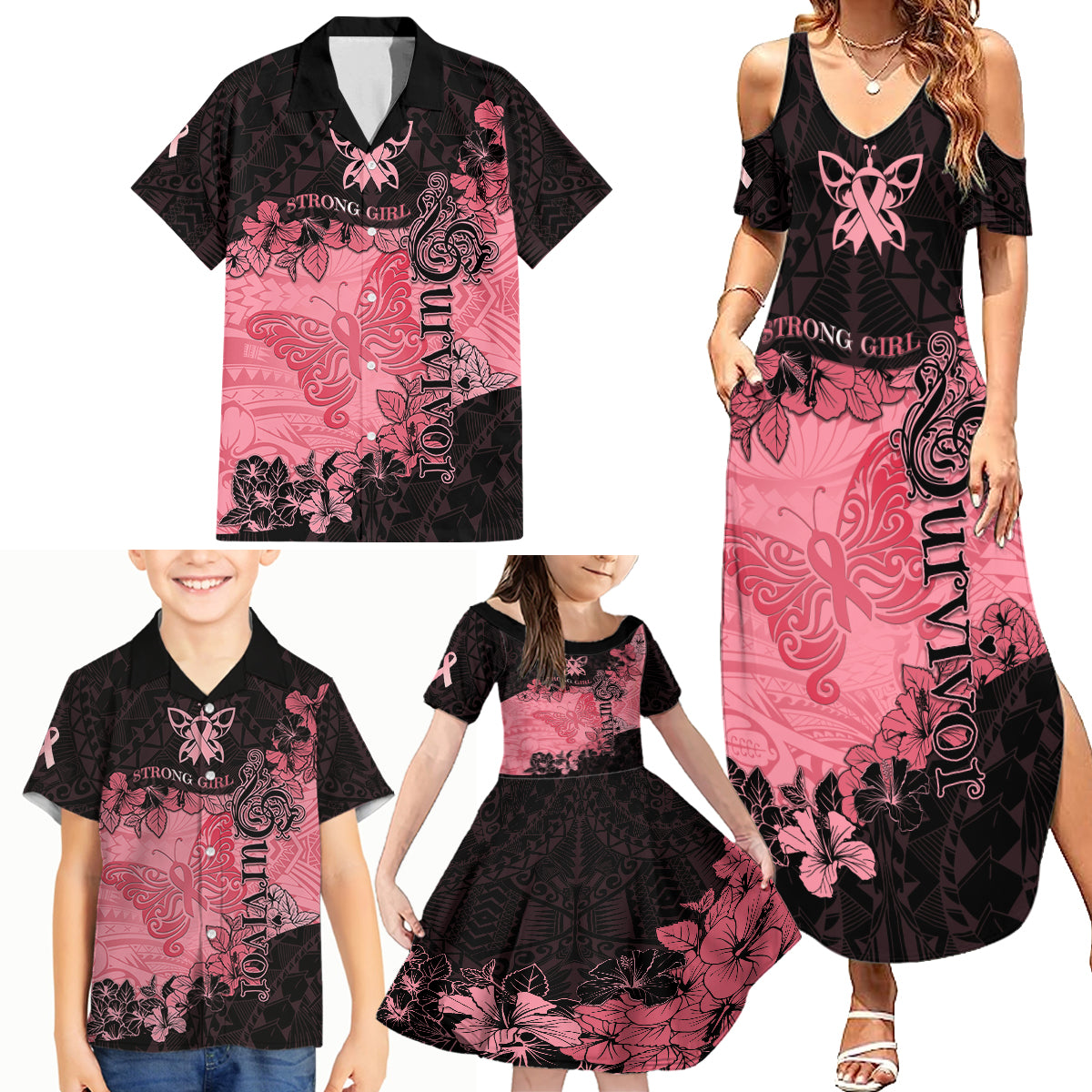 Breast Cancer Family Matching Summer Maxi Dress and Hawaiian Shirt Survivor Polynesian Ribbon Butterfly LT05 - Polynesian Pride