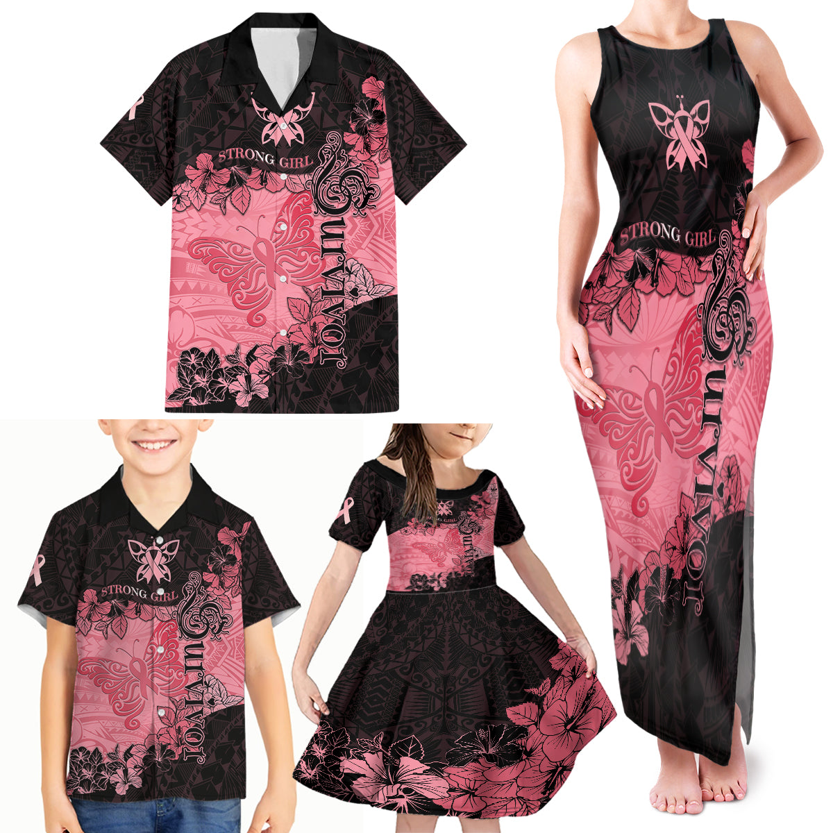 Breast Cancer Family Matching Tank Maxi Dress and Hawaiian Shirt Survivor Polynesian Ribbon Butterfly LT05 - Polynesian Pride