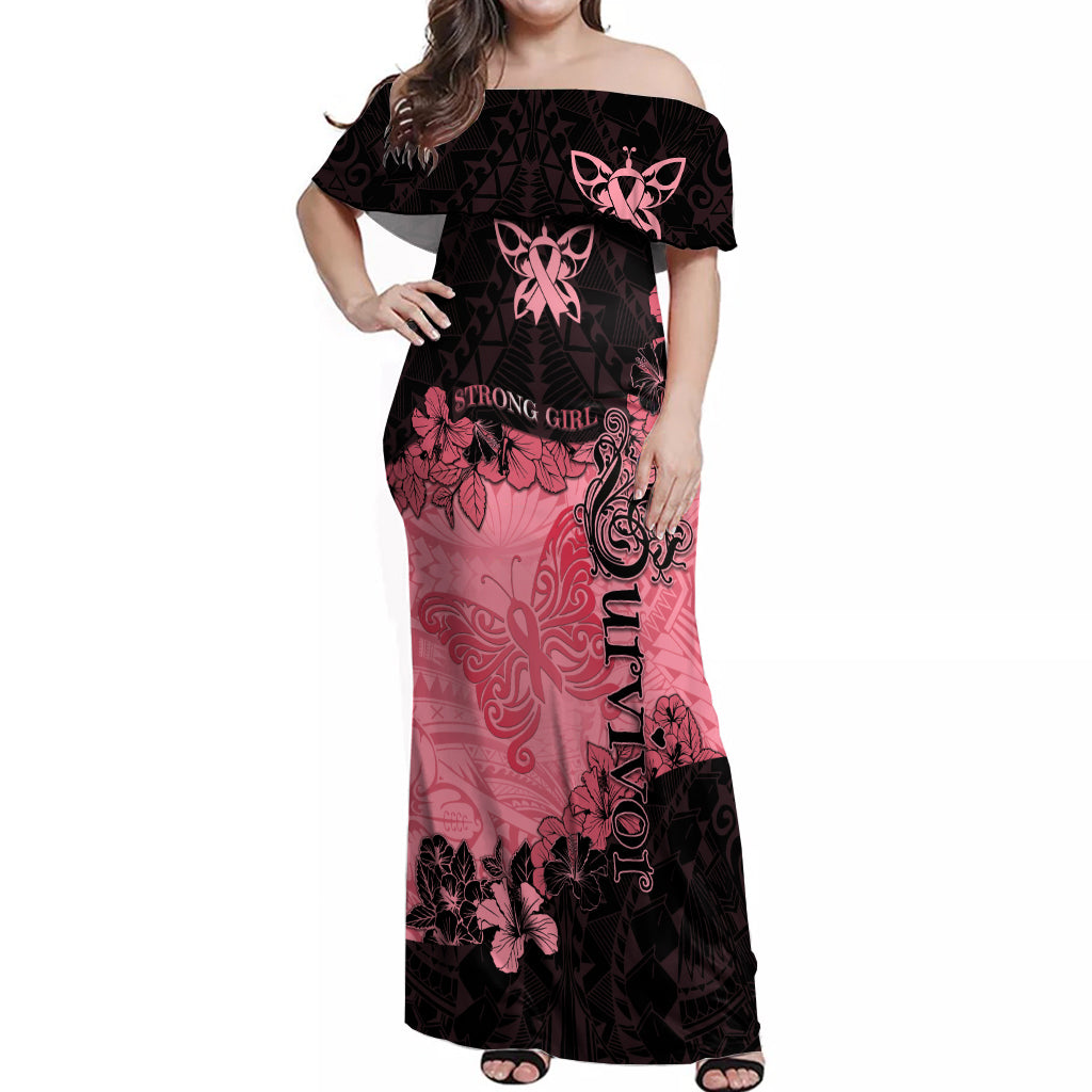 Breast Cancer Off Shoulder Maxi Dress Survivor Polynesian Ribbon Butterfly LT05 Women Pink - Polynesian Pride