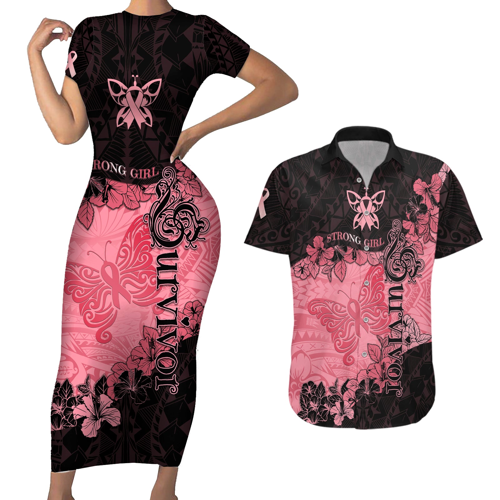 Personalized Breast Cancer Couples Matching Short Sleeve Bodycon Dress and Hawaiian Shirt Survivor Polynesian Ribbon Butterfly LT05 Pink - Polynesian Pride