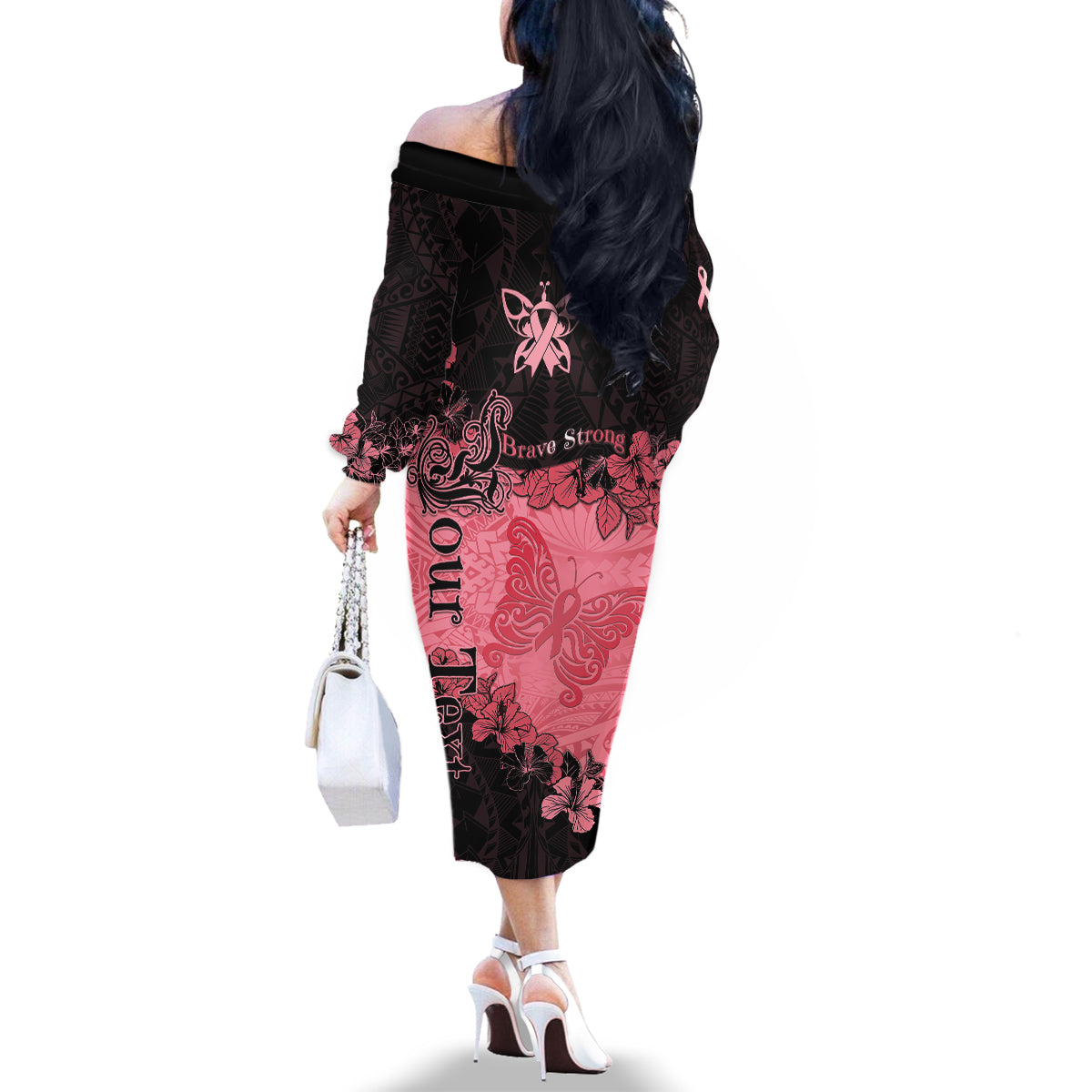 Personalized Breast Cancer Family Matching Off Shoulder Long Sleeve Dress and Hawaiian Shirt Survivor Polynesian Ribbon Butterfly LT05 - Polynesian Pride