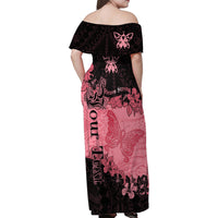 Personalized Breast Cancer Family Matching Off Shoulder Maxi Dress and Hawaiian Shirt Survivor Polynesian Ribbon Butterfly LT05 - Polynesian Pride