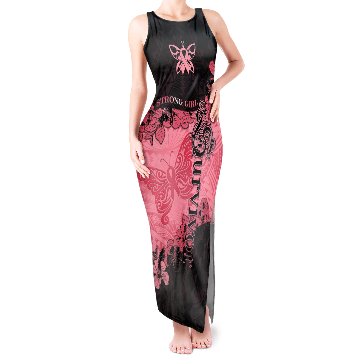 Personalized Breast Cancer Tank Maxi Dress Survivor Polynesian Ribbon Butterfly LT05 Women Pink - Polynesian Pride