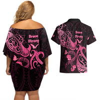 Breast Cancer Awareness Couples Matching Off Shoulder Short Dress and Hawaiian Shirt Ribbon Polynesian Pattern Black Version LT05 - Polynesian Pride