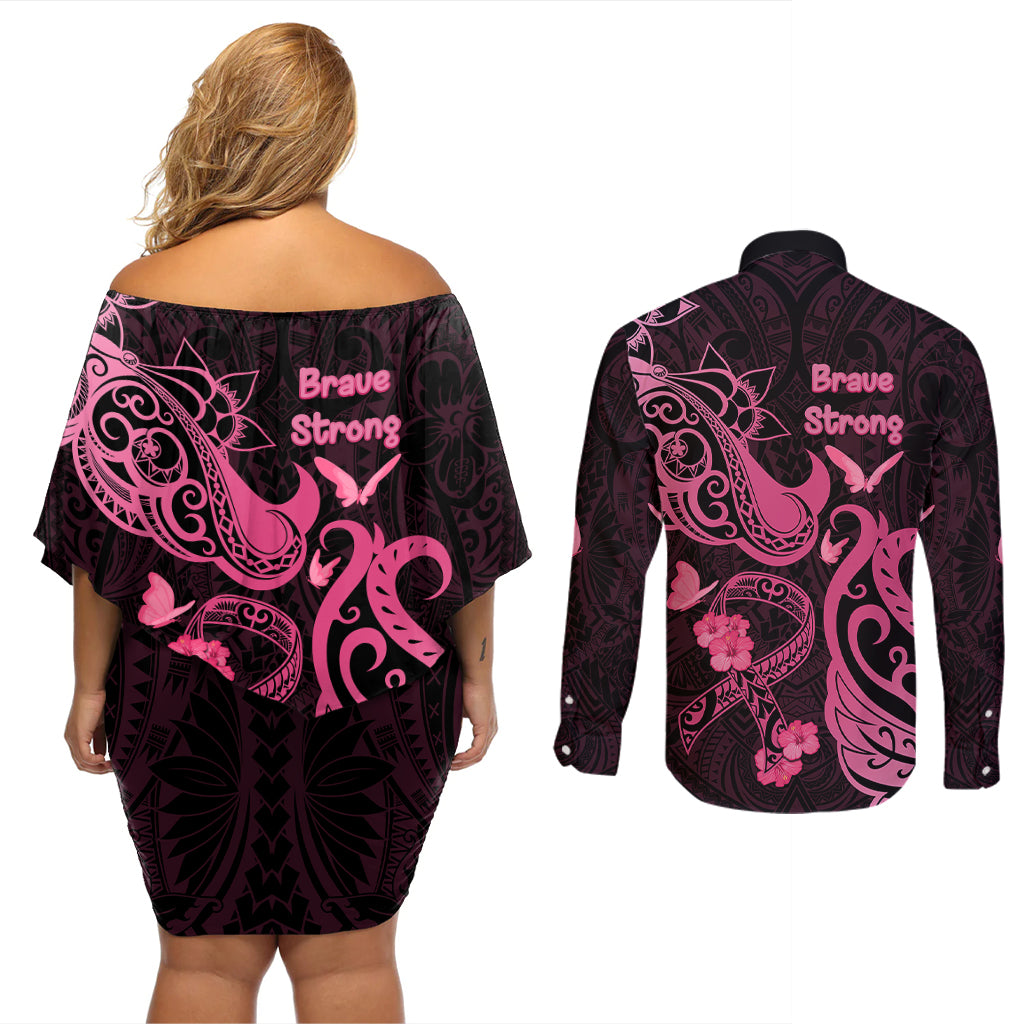 Breast Cancer Awareness Couples Matching Off Shoulder Short Dress and Long Sleeve Button Shirts Ribbon Polynesian Pattern Black Version LT05 - Polynesian Pride