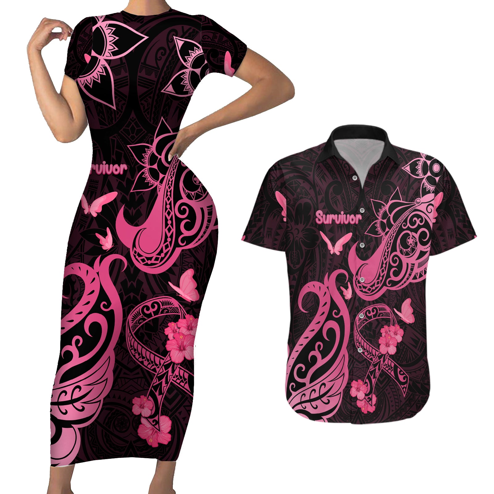 Breast Cancer Awareness Couples Matching Short Sleeve Bodycon Dress and Hawaiian Shirt Ribbon Polynesian Pattern Black Version LT05 Black - Polynesian Pride