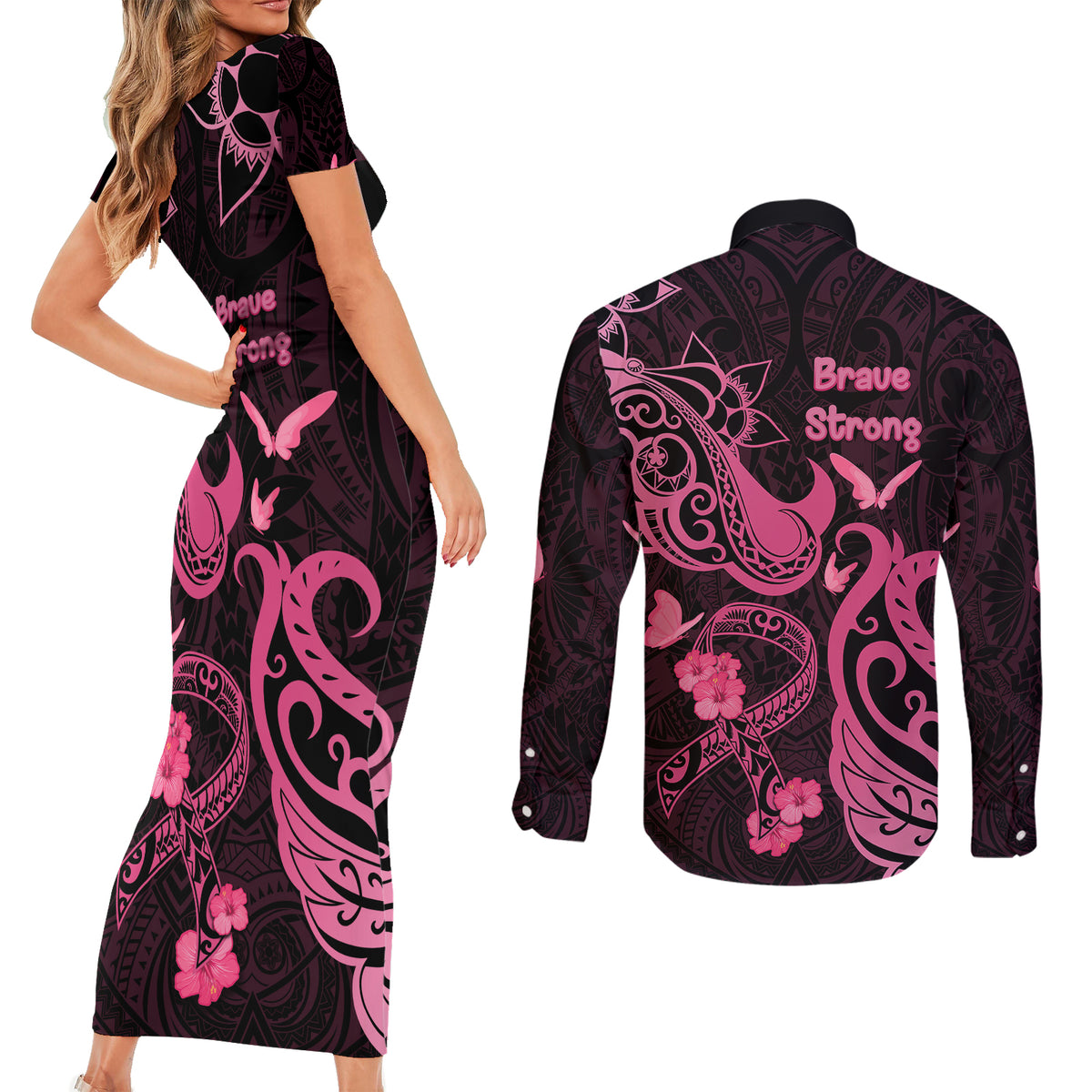 Breast Cancer Awareness Couples Matching Short Sleeve Bodycon Dress and Long Sleeve Button Shirts Ribbon Polynesian Pattern Black Version LT05 - Polynesian Pride