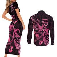 Breast Cancer Awareness Couples Matching Short Sleeve Bodycon Dress and Long Sleeve Button Shirts Ribbon Polynesian Pattern Black Version LT05 - Polynesian Pride