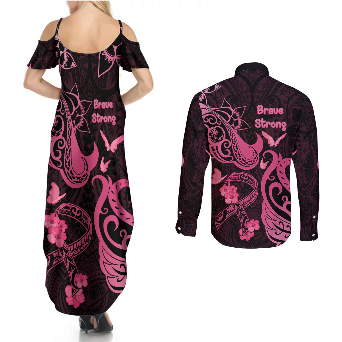 Breast Cancer Awareness Couples Matching Summer Maxi Dress and Long Sleeve Button Shirts Ribbon Polynesian Pattern Black Version LT05 - Polynesian Pride