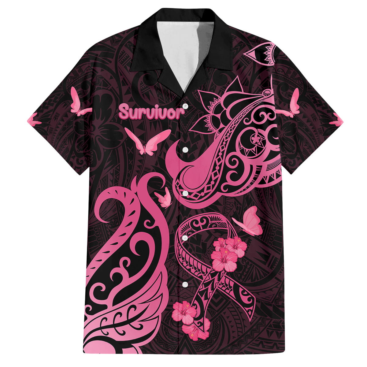 Breast Cancer Awareness Family Matching Long Sleeve Bodycon Dress and Hawaiian Shirt Ribbon Polynesian Pattern Black Version LT05 Dad's Shirt - Short Sleeve Black - Polynesian Pride