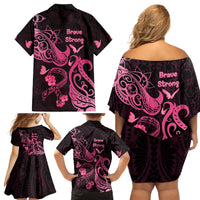 Breast Cancer Awareness Family Matching Off Shoulder Short Dress and Hawaiian Shirt Ribbon Polynesian Pattern Black Version LT05 - Polynesian Pride