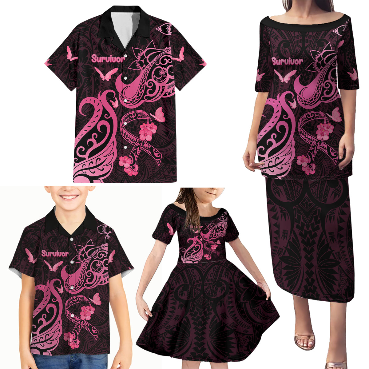 Breast Cancer Awareness Family Matching Puletasi Dress and Hawaiian Shirt Ribbon Polynesian Pattern Black Version LT05 - Polynesian Pride