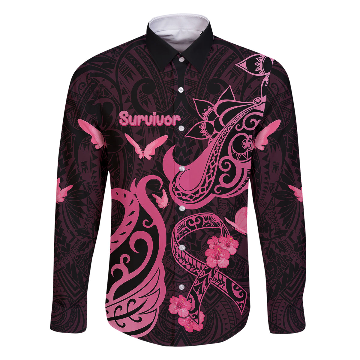 Breast Cancer Awareness Family Matching Summer Maxi Dress and Hawaiian Shirt Ribbon Polynesian Pattern Black Version LT05 Dad's Shirt - Long Sleeve Black - Polynesian Pride