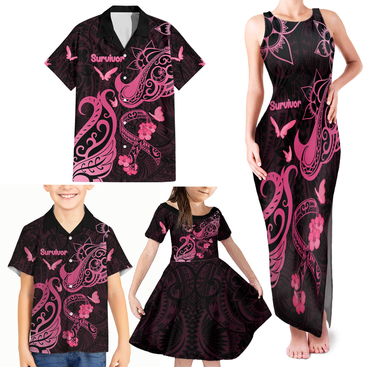 Breast Cancer Awareness Family Matching Tank Maxi Dress and Hawaiian Shirt Ribbon Polynesian Pattern Black Version LT05 - Polynesian Pride