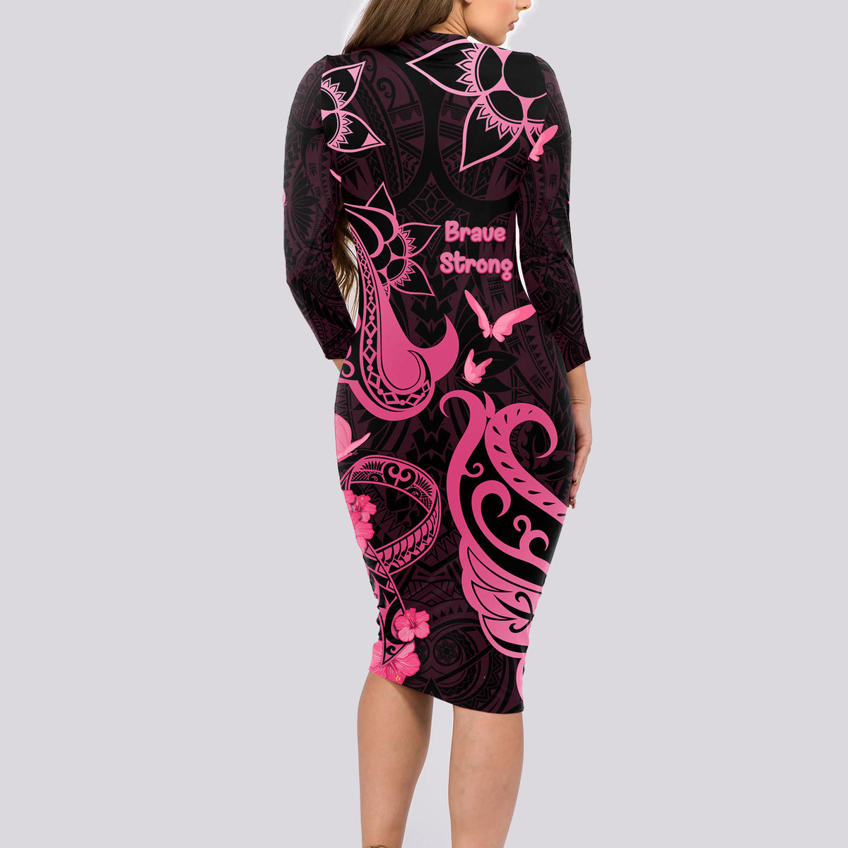 Breast Cancer Awareness Long Sleeve Bodycon Dress Ribbon Polynesian Pattern Black Version LT05 - Polynesian Pride