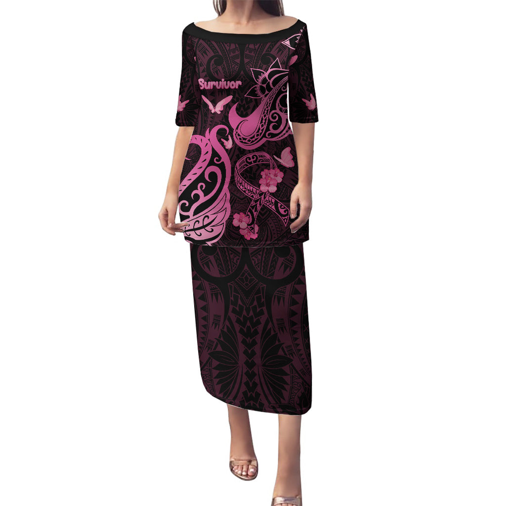 Breast Cancer Awareness Puletasi Ribbon Polynesian Pattern Black Version LT05 Long Dress Black - Polynesian Pride